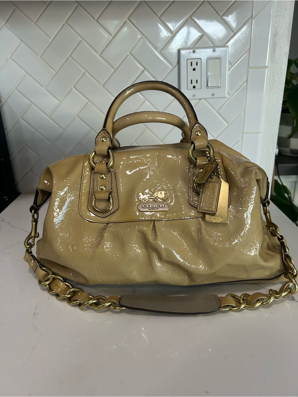Coach Patent Leather Satchel in Beige-Tan with Gold Hardware